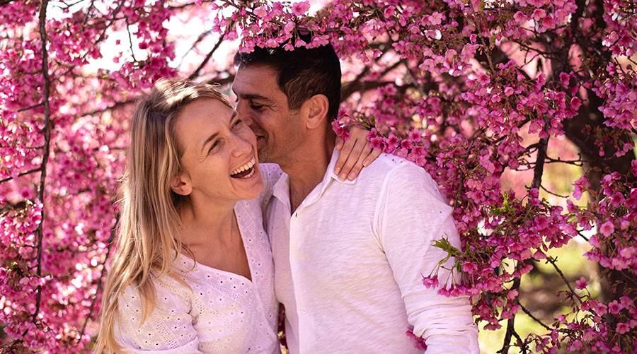 Couple under cherry blossom trees